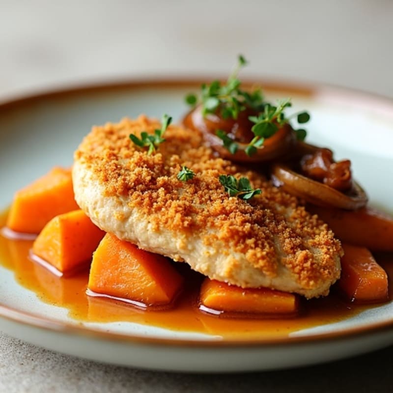 Crispy Panko Chicken with Roasted Sweet Potatoes and Caramelized Onions