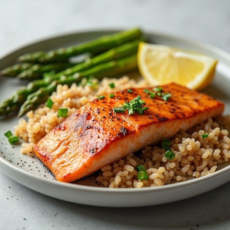 Seared Salmon Fillet with Steamed Asparagus and Brown Rice