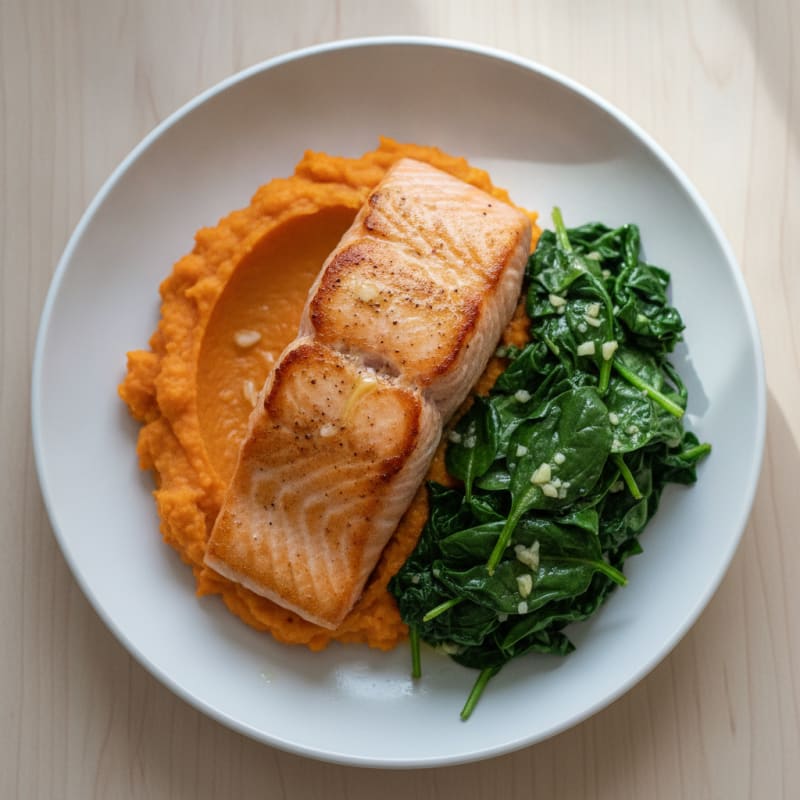 Seared Salmon with Garlic Spinach and Sweet Potato Mash