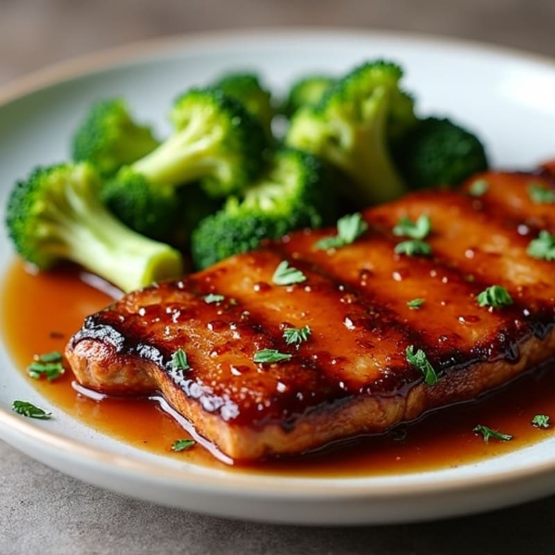 Sticky Glazed Roasted Pork with Crispy Garlic Broccoli