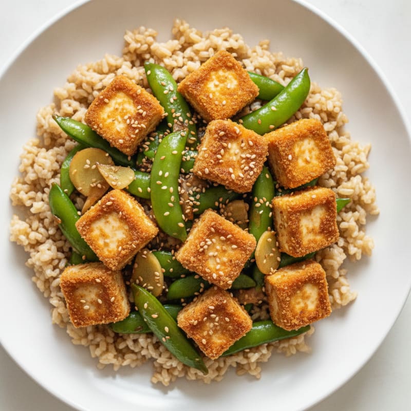 Crispy Tofu Stir-Fry with Snap Peas and Brown Rice