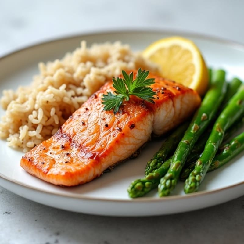 Seared Salmon with Steamed Asparagus and Brown Rice
