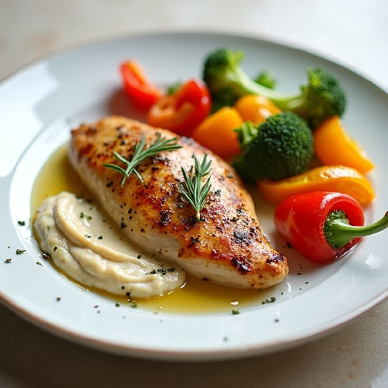 Herb-Roasted Chicken with Creamy Hummus and Crispy Roasted Vegetables