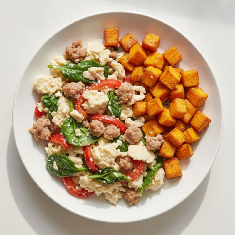 Egg White and Turkey Sausage Scramble with Roasted Sweet Potato