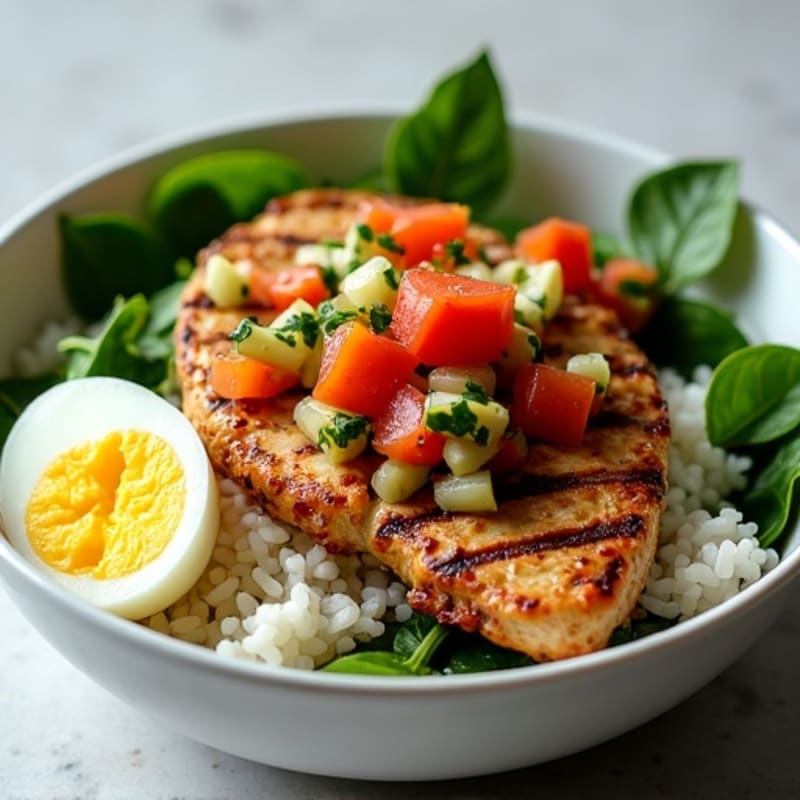Grilled Chicken Breast and Spinach Rice Bowl with Pico de Gallo