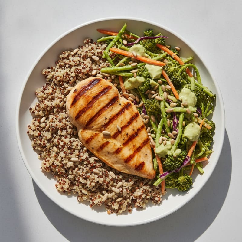 Grilled Chicken Breast with Quinoa and Crunchy Broccoli Slaw