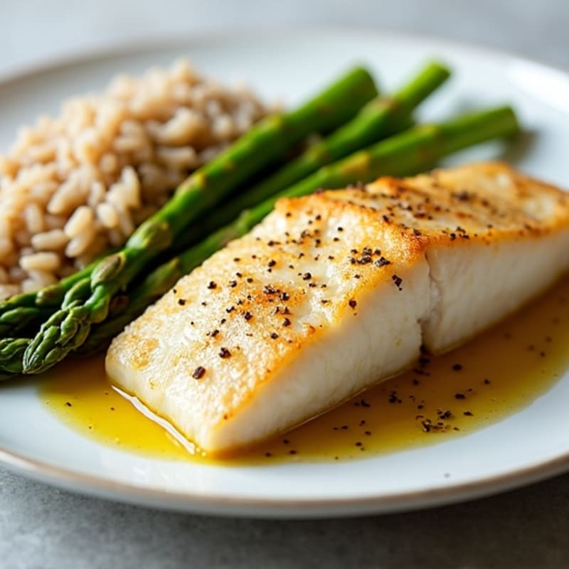 Baked Cod with Steamed Asparagus and Brown Rice