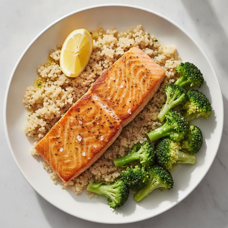 Pan-Seared Salmon with Steamed Broccoli and Quinoa