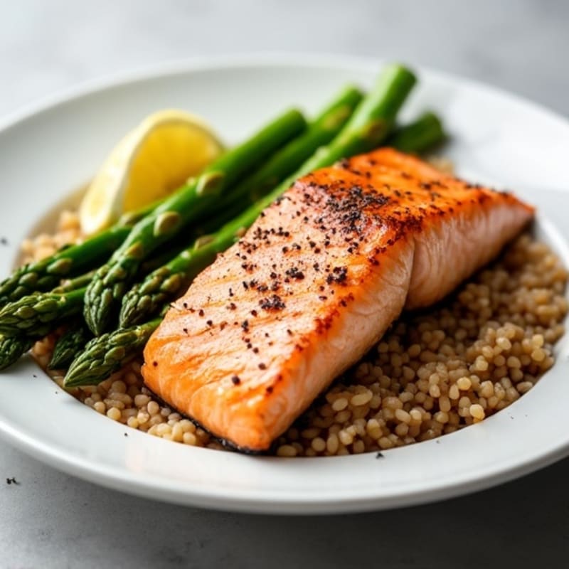 Seared Salmon Fillet with Steamed Asparagus and Brown Rice