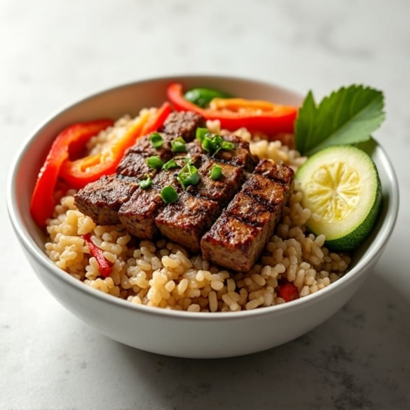 Grilled Ground Beef and Vegetable Bowl with Brown Rice