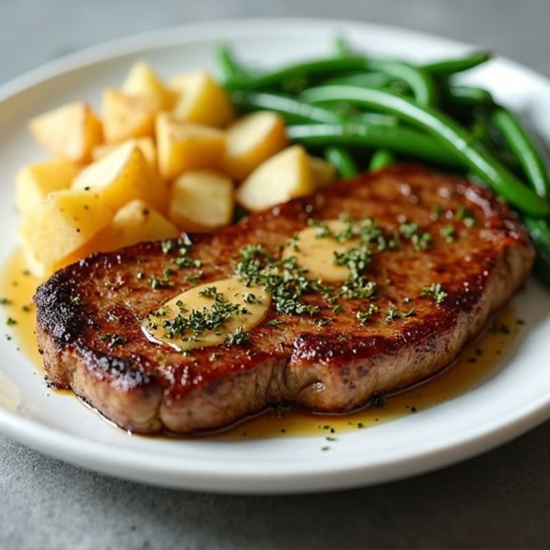 Pan-Seared Garlic Butter Steak with Crispy Roasted Potatoes and Sautéed Green Beans