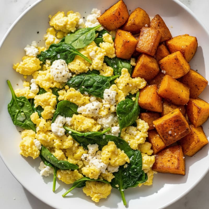 Cottage Cheese Egg Scramble with Sautéed Spinach and Roasted Sweet Potatoes