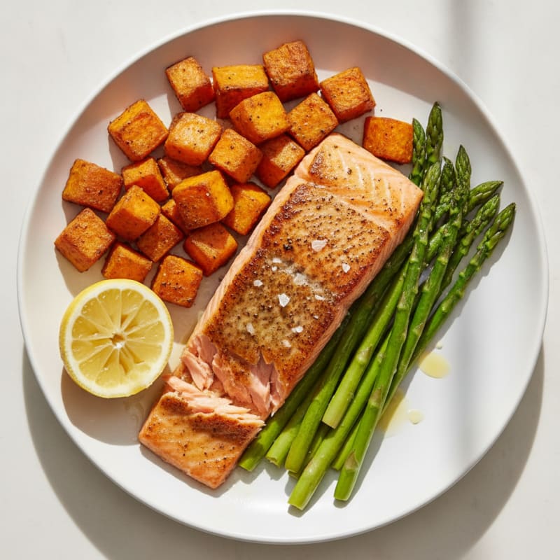 Seared Salmon Fillet with Roasted Sweet Potato and Asparagus