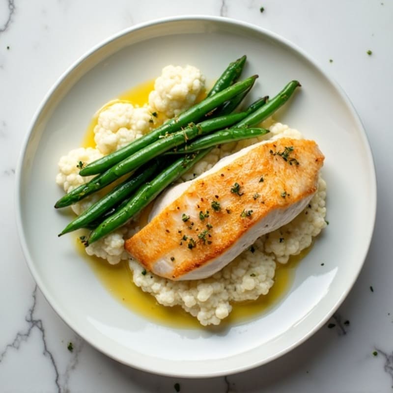 Seared White Fish with Garlic Green Beans and Cauliflower Mash