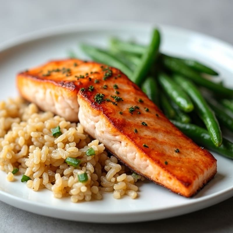 Seared Salmon with Garlic Green Beans and Brown Rice