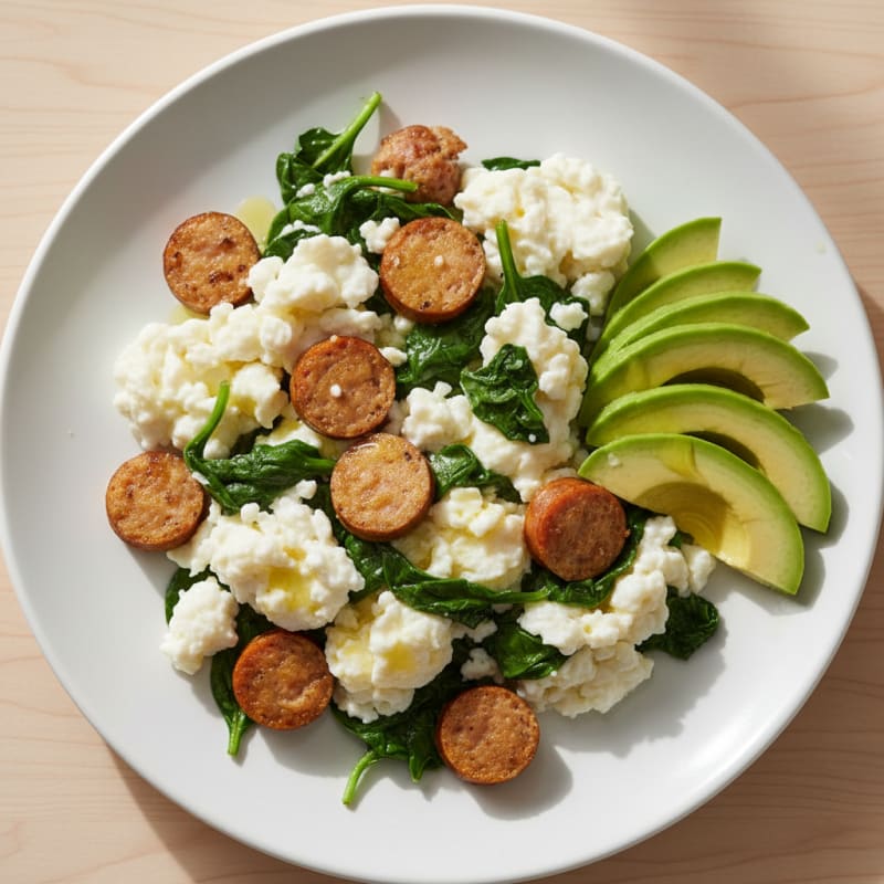 Egg White Scramble with Turkey Sausage and Baby Spinach