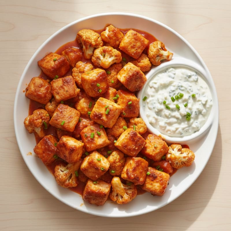 Buffalo Chicken and Cauliflower Bites with Blue Cheese Dip