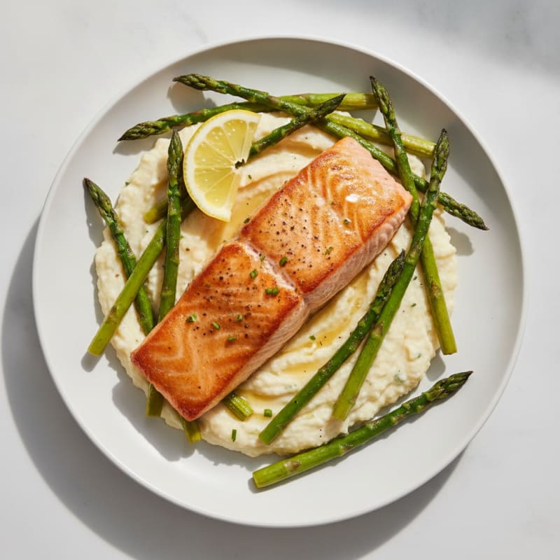 Seared Salmon Fillet with Roasted Asparagus and Mashed Cauliflower