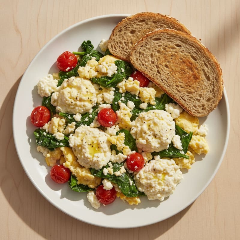 Cottage Cheese and Egg Scramble with Spinach and Cherry Tomatoes