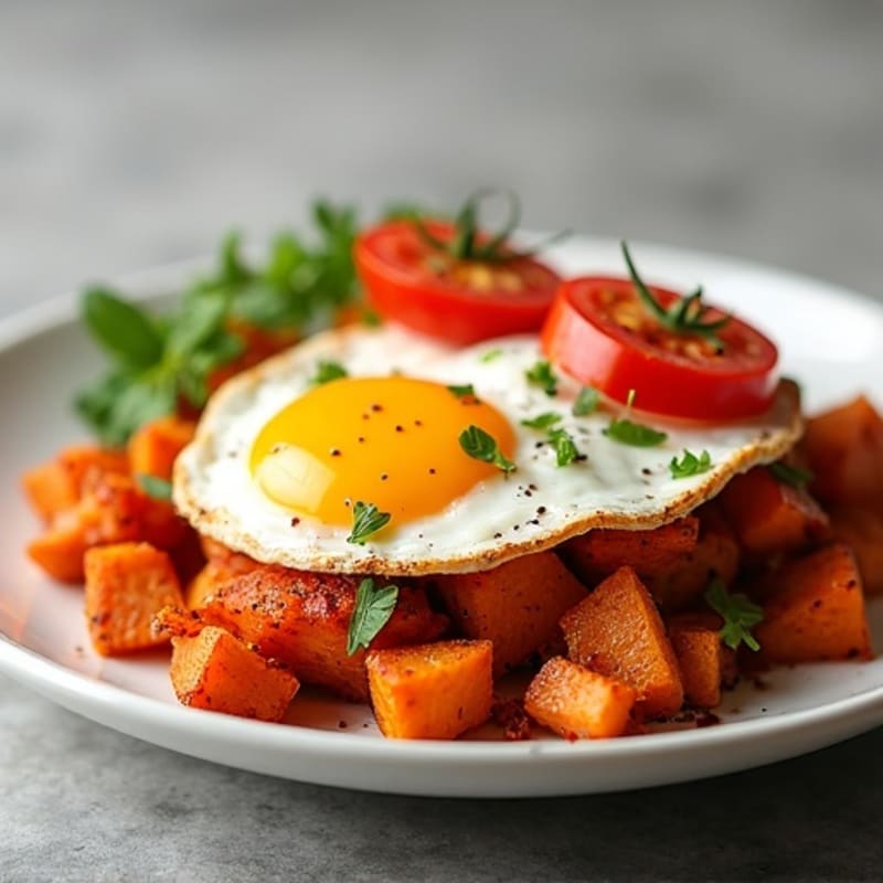 Crispy Sweet Potato Hash with Sunny Eggs and Tomato