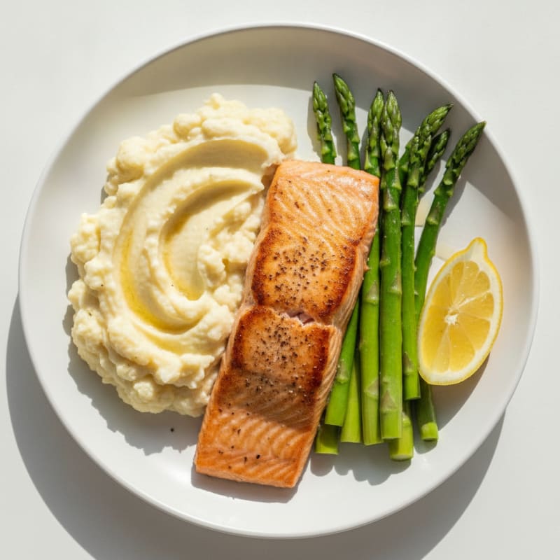 Seared Salmon with Steamed Asparagus and Garlic Mashed Cauliflower