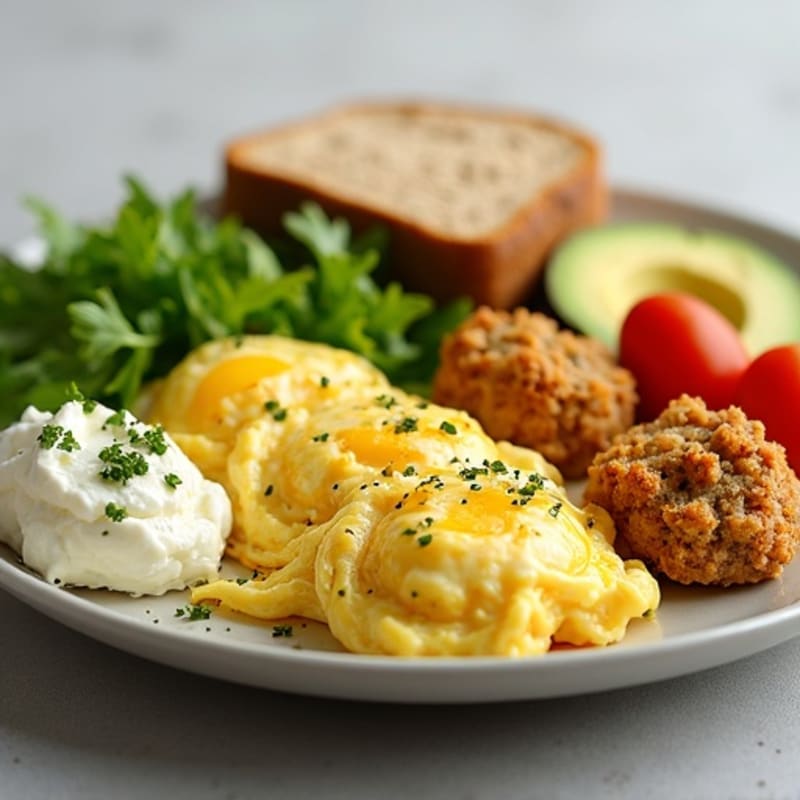 Scrambled Eggs with Herb Chicken Bites, Avocado, Fresh Greens, Cottage Cheese, Hummus and Whole Grain Bread