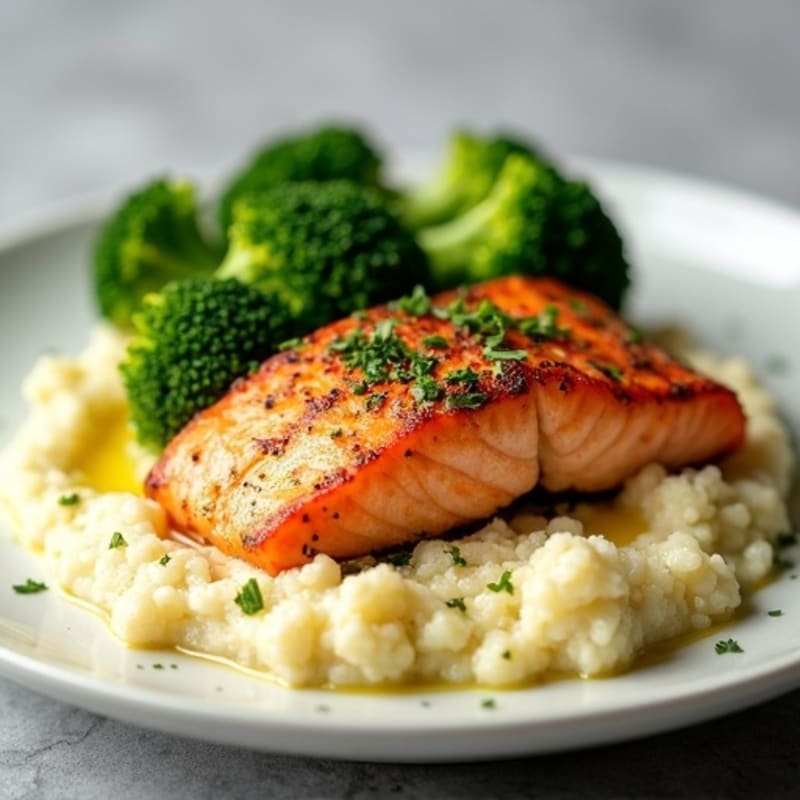 Seared Salmon Filet with Steamed Broccoli and Garlic Cauliflower Mash
