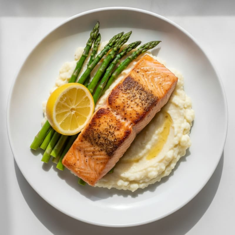 Seared Salmon Filet with Steamed Asparagus and Cauliflower Mash