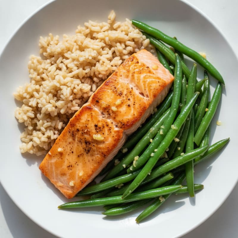 Pan-Seared Salmon with Garlic Green Beans and Brown Rice