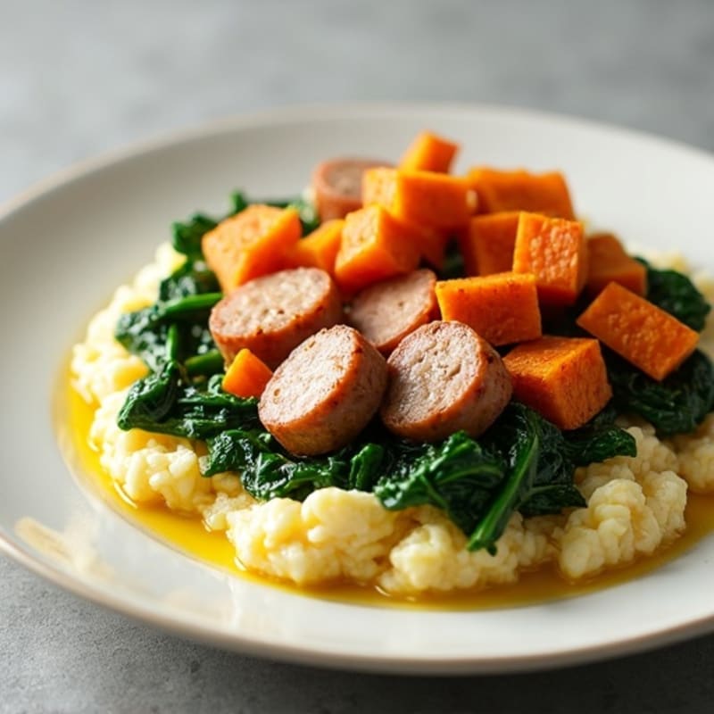 Egg White and Turkey Sausage Scramble with Spinach and Roasted Sweet Potato
