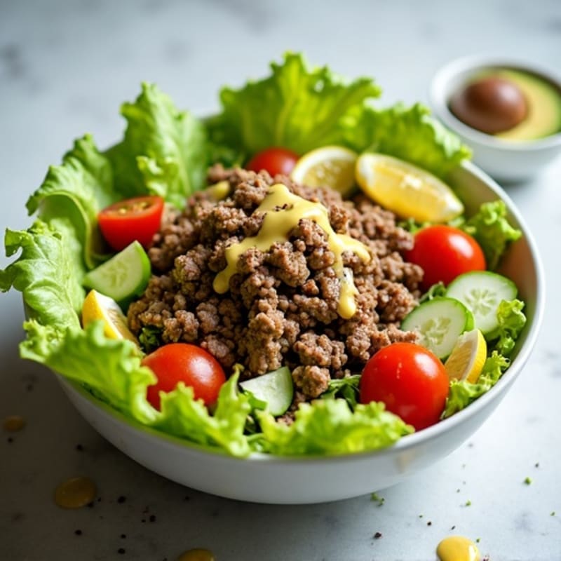 Lean Ground Beef and Crisp Lettuce Bowl with Creamy Tangy Dressing