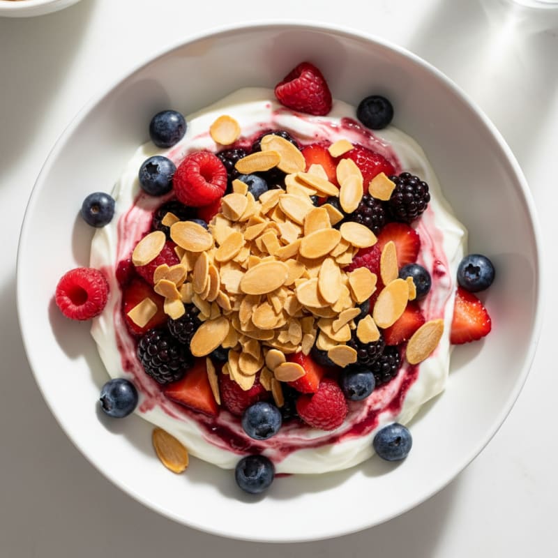 Greek Yogurt Protein Parfait with Mixed Berries and Almonds