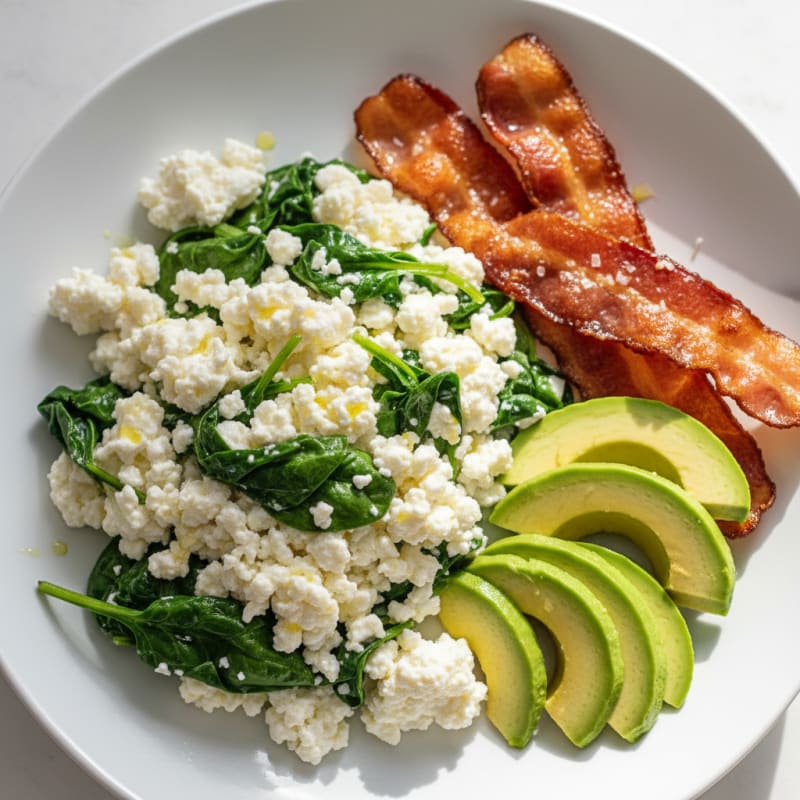 Egg White Spinach Scramble with Cottage Cheese and Turkey Bacon