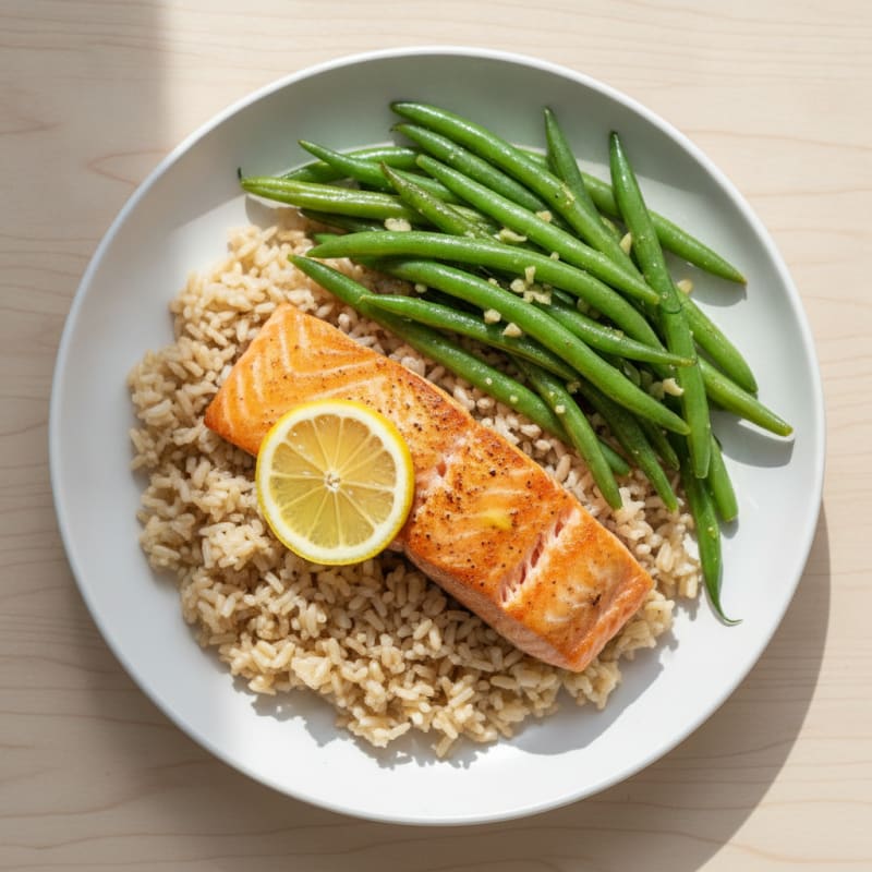 Seared Salmon with Garlic Green Beans and Brown Rice