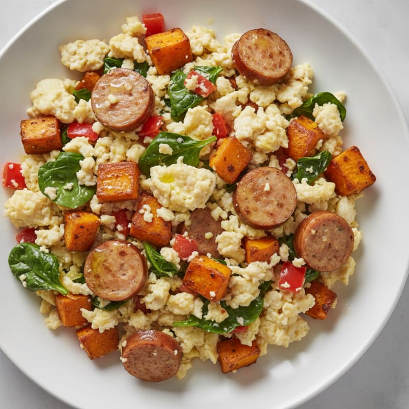 Egg White and Chicken Sausage Scramble with Roasted Sweet Potatoes