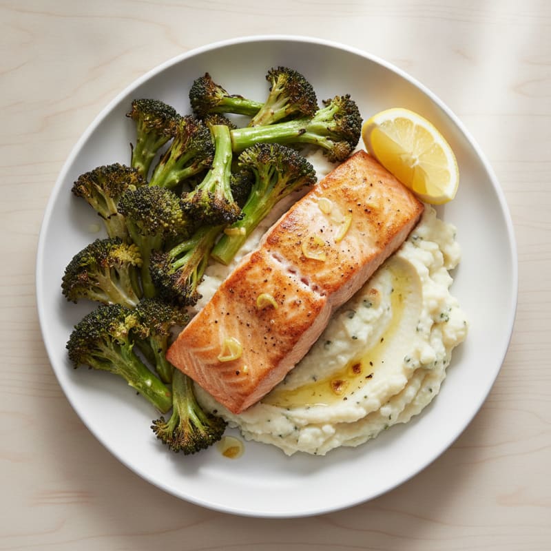 Seared Salmon with Roasted Broccoli and Garlic Mash