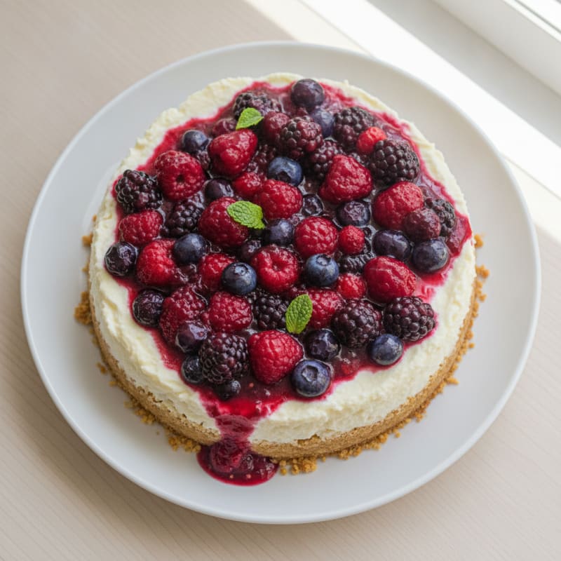 Greek Yogurt Protein Cheesecake with Mixed Berries