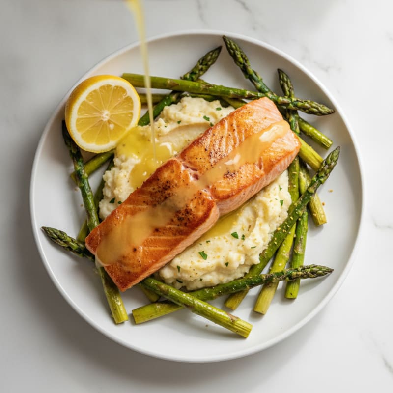 Seared Salmon Filet with Roasted Asparagus and Cauliflower Mash