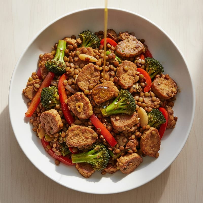 Lentil and Seitan Stir-Fry with Broccoli and Red Peppers