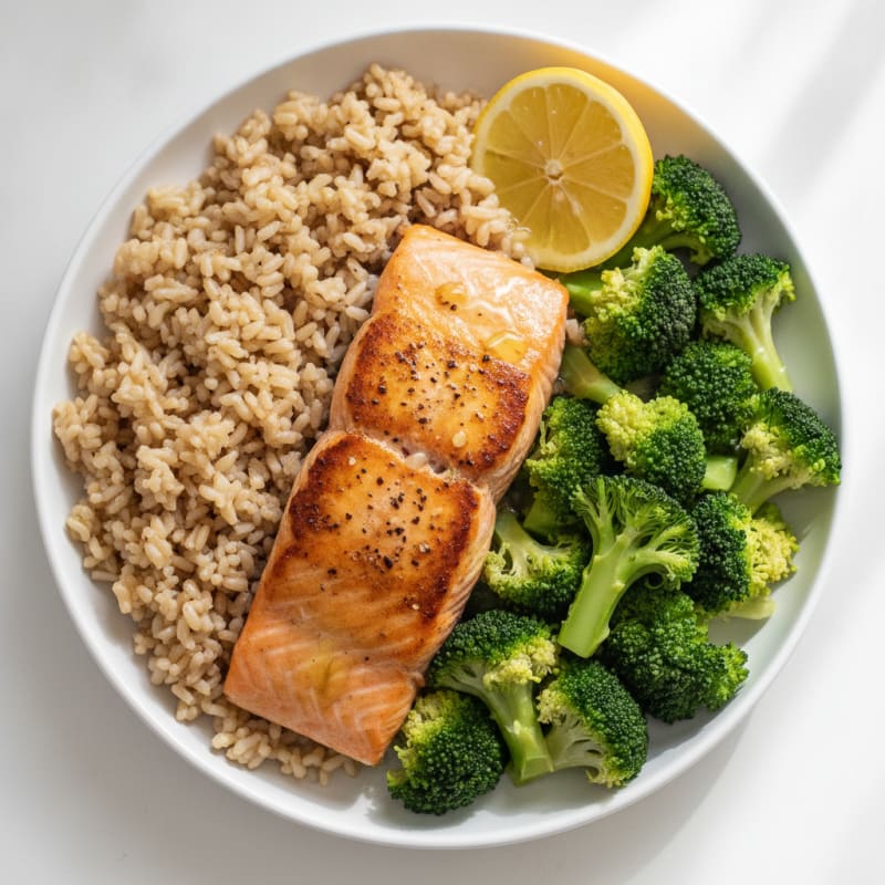 Seared Salmon with Steamed Broccoli and Brown Rice