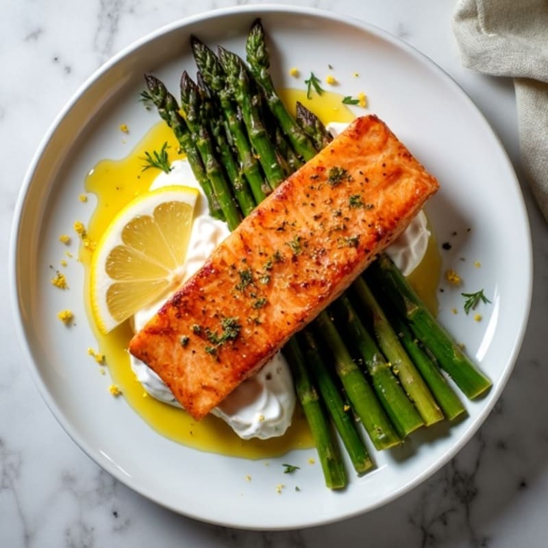 Seared Salmon Fillet with Roasted Asparagus and Lemon Zest