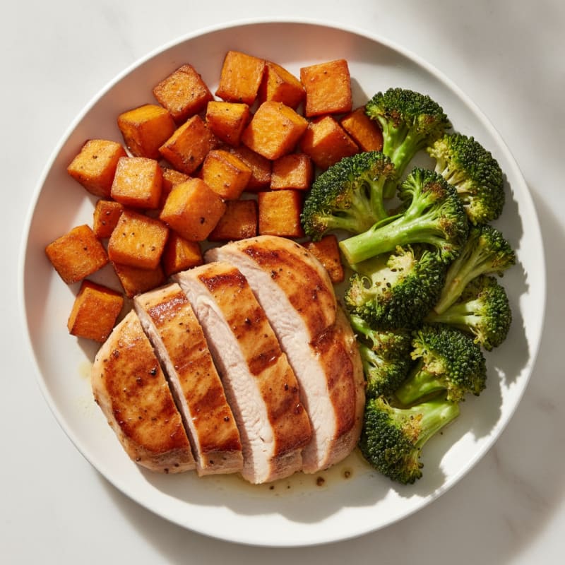 Seared Turkey Breast with Roasted Sweet Potatoes and Broccoli