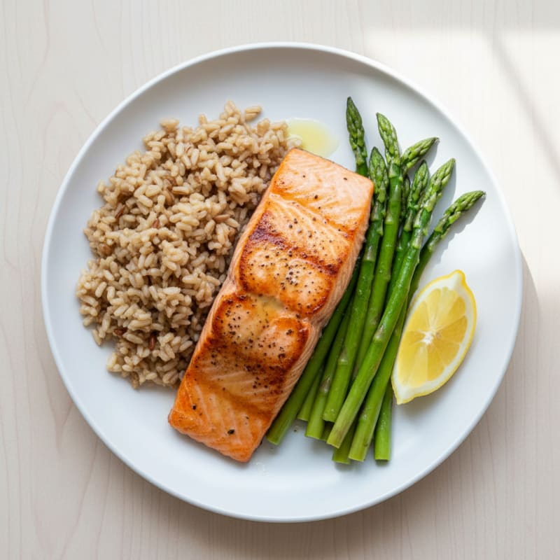 Seared Salmon with Steamed Asparagus and Brown Rice