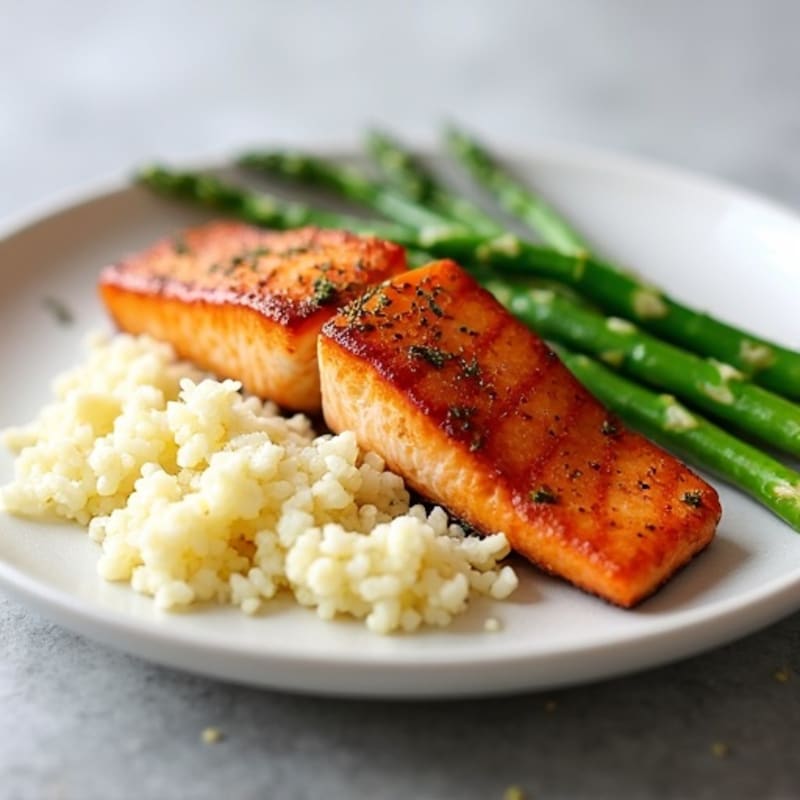 Seared Salmon Fillet with Steamed Asparagus and Cauliflower Rice