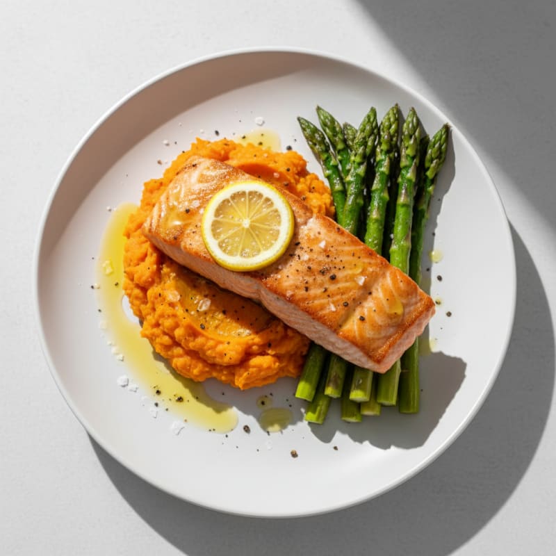 Seared Salmon Fillet with Roasted Asparagus and Sweet Potato Mash