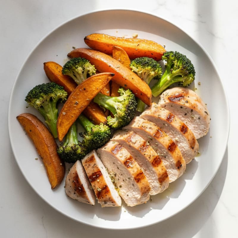 Grilled Turkey Breast with Roasted Sweet Potato and Broccoli