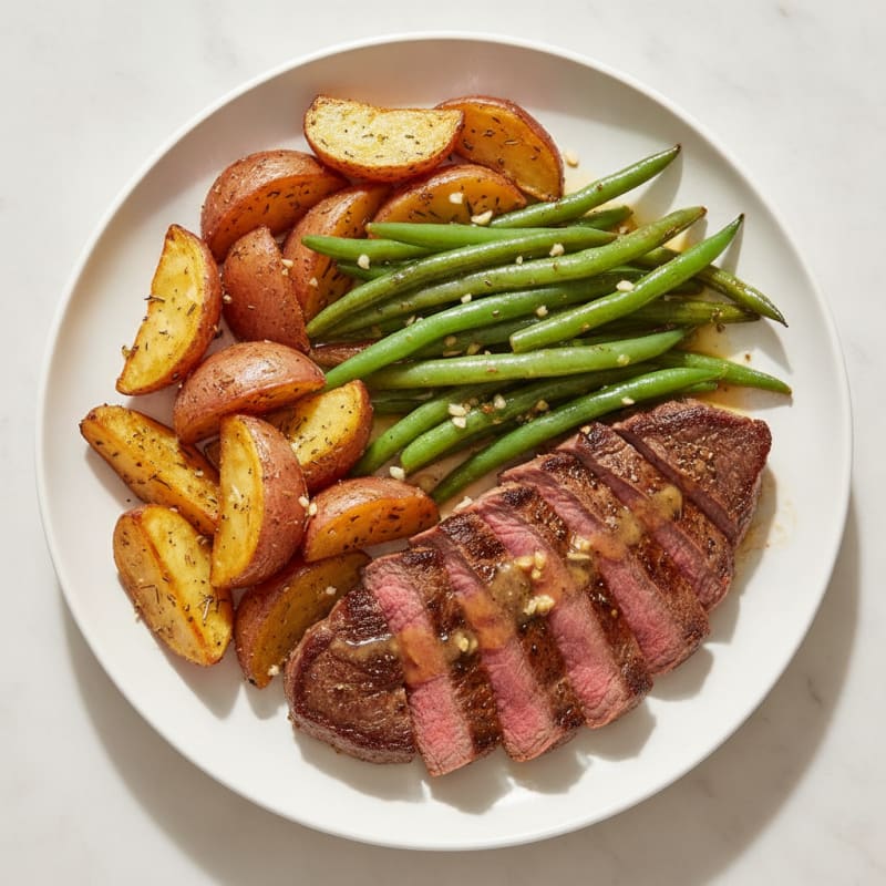 Seared Steak with Garlic Green Beans and Herb-Roasted Potatoes