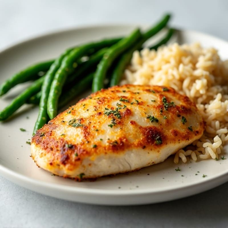 Lemon Garlic Pan-Seared Chicken Breast with Fluffy Brown Rice and Roasted Green Beans