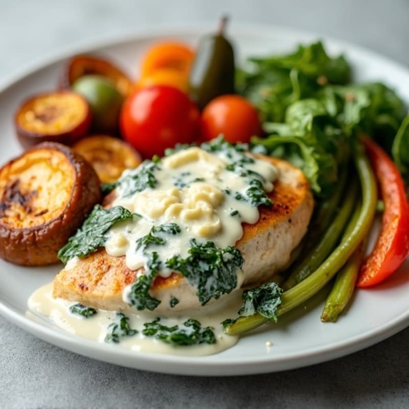 Creamy Spinach Artichoke Chicken with Roasted Vegetables