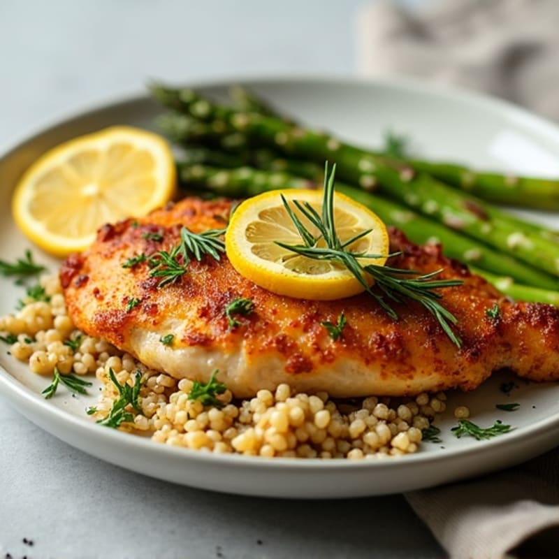 Crispy Lemon-Herb Roasted Chicken with Roasted Asparagus and Quinoa